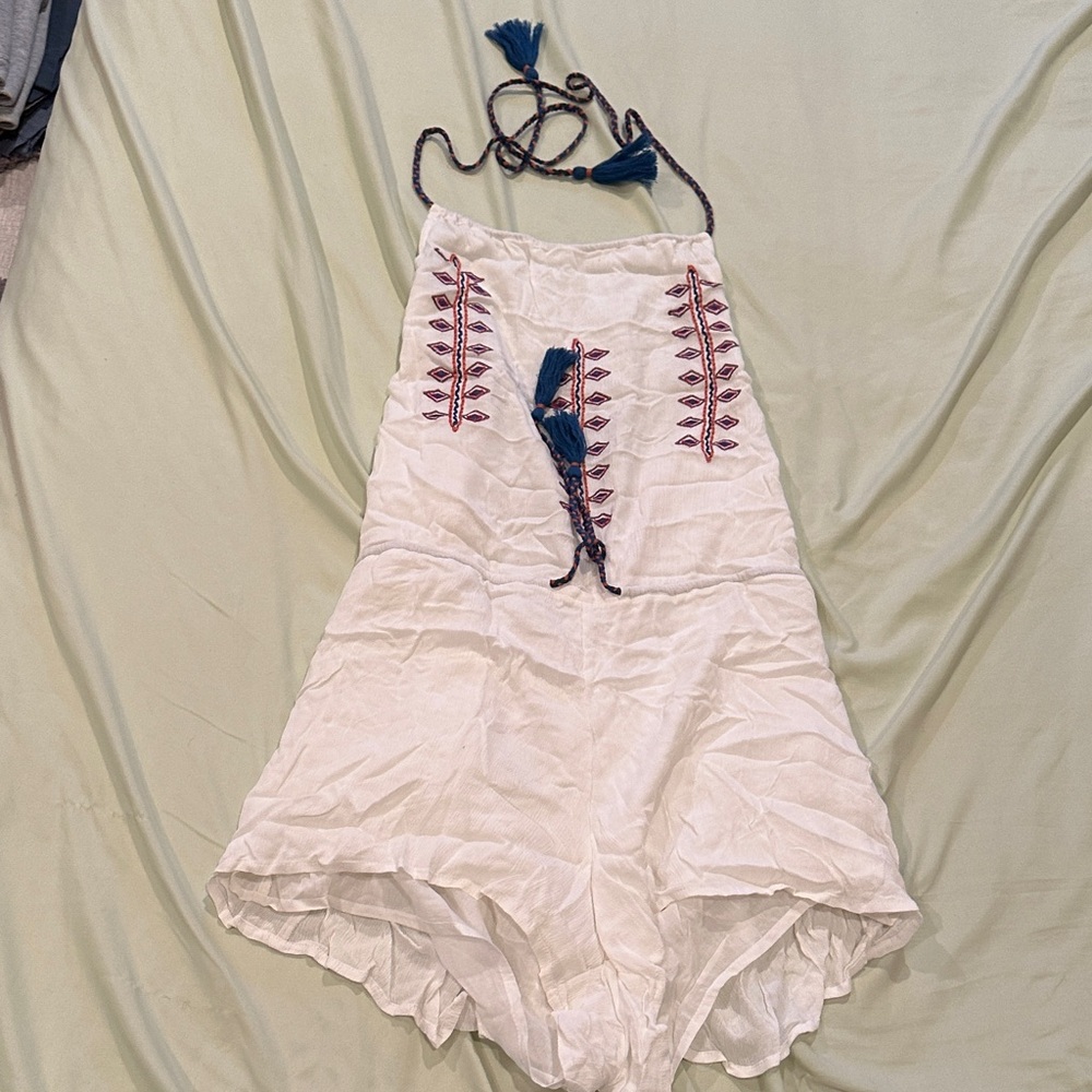 RAGA White Embroidered Romper with Navy Tassels